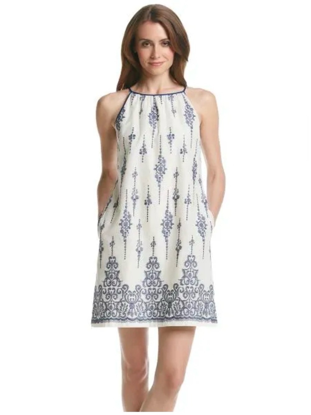 Just...Taylor White Dress with Navy Trim and Embroidery 6